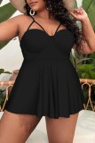Black Sexy Print Solid Backless V Neck Plus Size Swimwear (With Paddings)