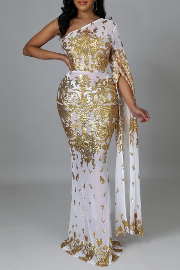 Goud sexy patchwork pailletten doorzichtige backless schuine kraag onregelmatige jurk jurken