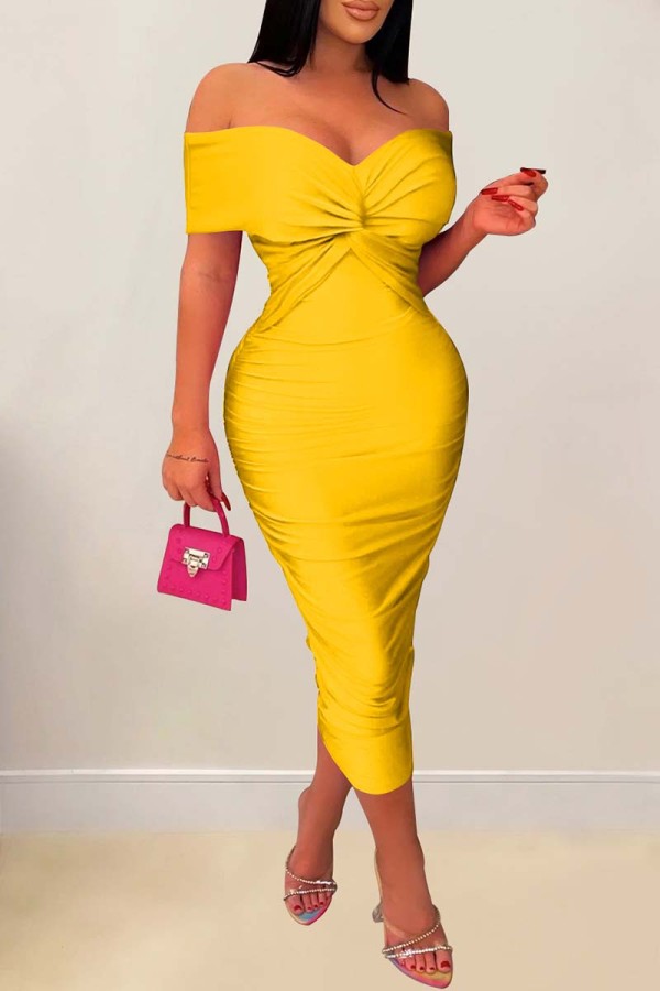 Vestidos de saia um decote amarelo sexy liso sem costas