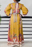 Geel casual print patchwork split V-hals jurken met lange mouwen