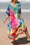 Vestido de playa con cuello en V y abertura de patchwork con estampado informal rosa y verde Vestidos