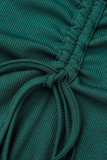 グリーン カジュアル 無地 包帯 パッチワーク Vネック ワンステップ スカート ドレス
