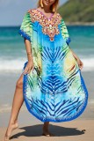 Robe de plage décontractée à imprimé patchwork et col en V bleu clair