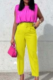 Pantalones patchwork sólido casual con cinturón color sólido convencional de cintura alta regular amarillo