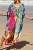 Robe de plage à encolure en V et imprimé patchwork décontracté turquoise