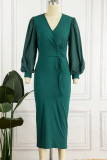 Vestidos de falda de un paso con cuello en V de patchwork de vendaje sólido informal verde