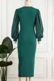 Vestidos de falda de un paso con cuello en V de patchwork de vendaje sólido informal verde