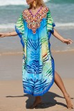 Бирюзовое повседневное пляжное платье с принтом в стиле пэчворк и разрезом с V-образным вырезом Платья
