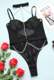 Lencería negra sexy de patchwork sólido con cadenas transparentes para el día de San Valentín