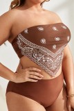 Deep Coffee Sexy Print Backless Bustier Maillots de bain grande taille (avec rembourrages)