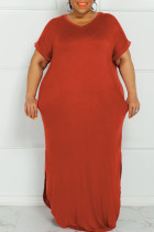 Tangerine Red Casual Solid Patchwork Spleet V-hals Recht Grote maten jurken