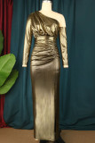 Gold Celebrities Elegant Solid Patchwork Slit Oblique Collar Evening Dress Dresses