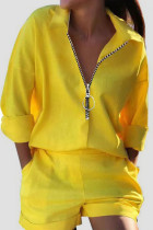 amarillo casual estampado patchwork cremallera cuello vuelto manga larga dos piezas