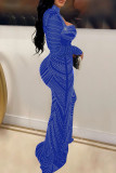 Синий сексуальный лоскутное горячее сверление выдолбленное прозрачное полуводолазка с длинным рукавом платья