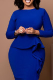 Vestido azul casual elegante sólido patchwork com babados e decote em bico