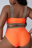 Orange, sexy, einfarbig, Patchwork, rückenfrei, U-Ausschnitt, Plus-Size-Badebekleidung (mit Polsterung)