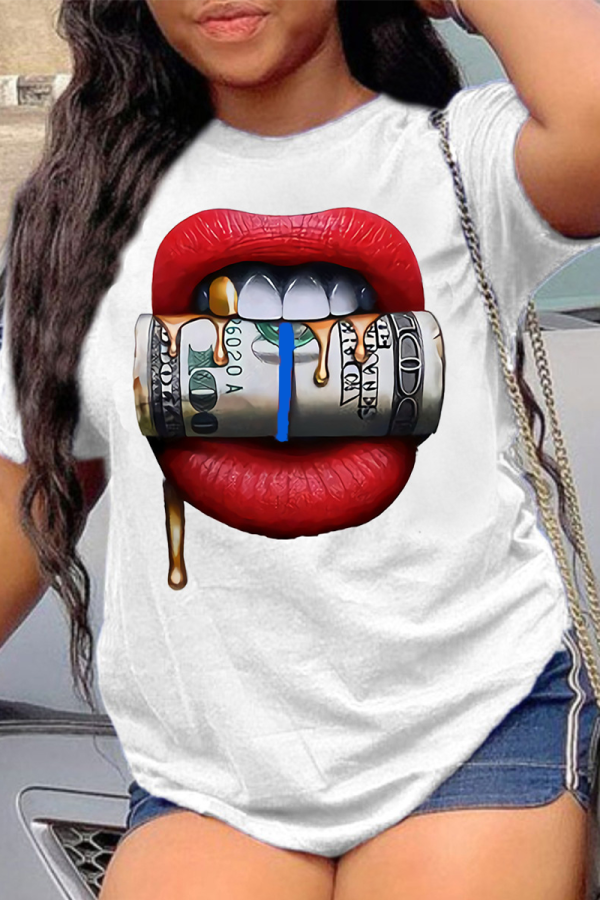 Vita Casual Lips Printed Patchwork O-hals T-shirts