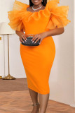 Robes de grande taille orange élégante solide patchwork O cou une étape jupe