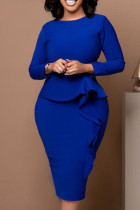 Синие повседневные элегантные однотонные платья в стиле пэчворк с воланами и круглым вырезом, одноступенчатые юбки
