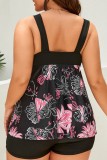 Pink Sexy Print Patchwork Backless V Neck Plus Size Swimwear (With Paddings)