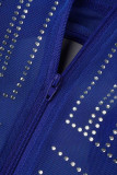 Blauwe sexy patchwork hete boren uitgeholde doorzichtige halve coltrui jurken met lange mouwen