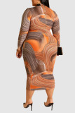 Gele casual print patchwork rits kraag eenstaps rok grote maten jurken