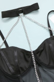 Lencería negra sexy de patchwork sólido con cadenas transparentes para el día de San Valentín