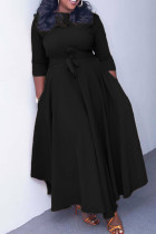 Черные повседневные однотонные платья с круглым вырезом в стиле пэчворк