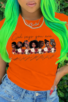 Magliette arancioni con stampa casual patchwork o collo