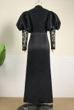 Noir Vintage élégant solide Patchwork fente O cou robe de soirée robes de grande taille