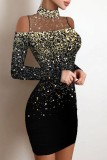 Zwarte sexy casual bronzing uitgeholde patchwork doorzichtige coltrui lange mouw jurken