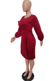 Robes de jupe taille bordeaux décontractées à volants solides à col rond