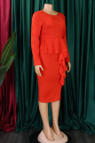 Vestidos de saia em um decote casual elegante sólido patchwork com babado vermelho tangerina