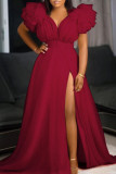 Rose Red Sexy Elegant Solid Patchwork V Neck Evening Dress Plus Size Dresses