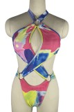Colour Sexy Print Tie Dye Hollowed Out Patchwork Backless Swimwears (With Paddings)