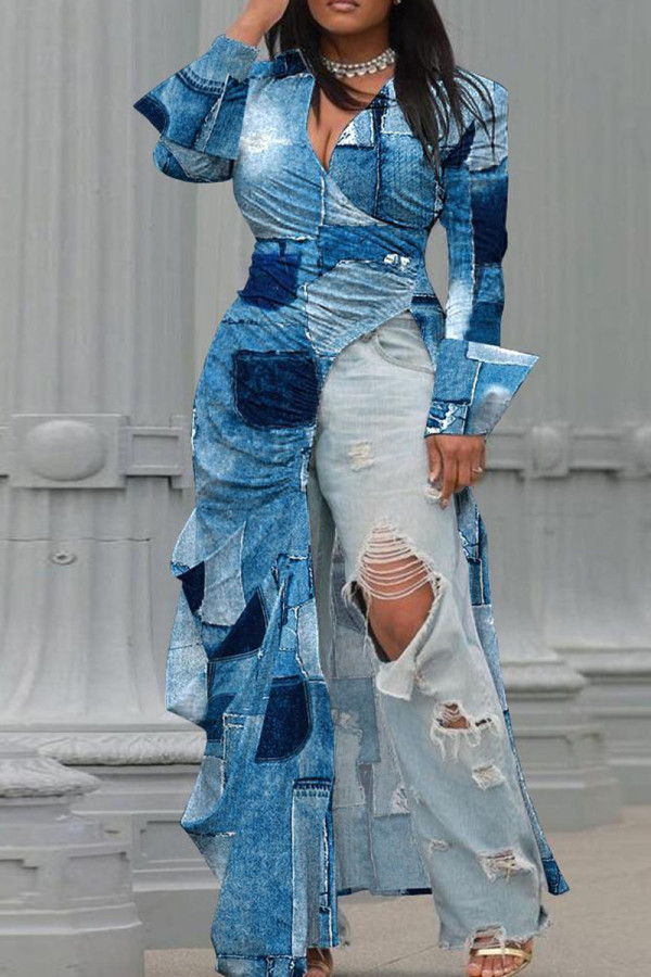 Blauw Casual Street Print Patchwork Asymmetrische V-hals Recht Grote maten jurken