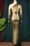 Gold Prominente Elegant Solid Patchwork Schlitz Schrägkragen Abendkleid Kleider