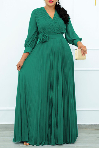 Piega patchwork solido elegante casual verde con abiti dritti con scollo a V cintura