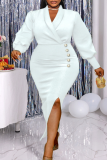 ホワイト カジュアル ソリッド パッチワーク スリット Vネック ロングスリーブ プラスサイズ ドレス
