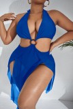 Blue Sexy Print Solid Bandage Patchwork Backless Swimsuit (With Paddings)