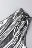 Серебряное сексуальное повседневное однотонное платье в стиле пэчворк с косым воротником без рукавов, платья