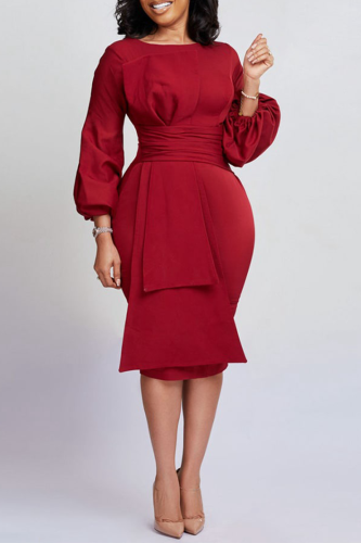 Burgundy Casual Solid Flounce O Neck Waist Skirt Dresses