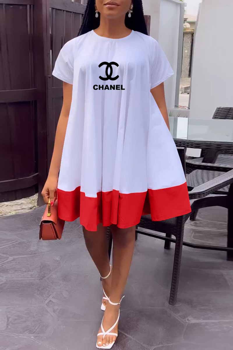 

White Casual Print Patchwork Letter O Neck Princess Dresses