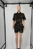 Army Green Casual Print Camouflage Print Patchwork Zipper Turndown Collar Regular Rompers