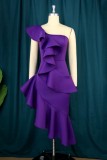 Purple Sexy Formal Solid Patchwork Backless One Shoulder Evening Dress Plus Size Dresses