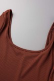 Mameluco ajustado de manga larga con cuello en U básico sólido casual marrón