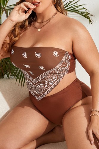 Deep Coffee Sexy Print Backless Bustier Maillots de bain grande taille (avec rembourrages)