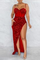 Röd Mode Sexig Patchwork Paljetter Genomskinlig Backless Spaghetti Strap Oregelbunden klänning