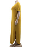 Gelbes, lässiges, solides Patchwork-Schlitz mit V-Ausschnitt, gerade Kleider in Übergröße