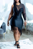 Negro sexy sólido borla patchwork asimétrico o cuello vestido irregular vestidos de talla grande